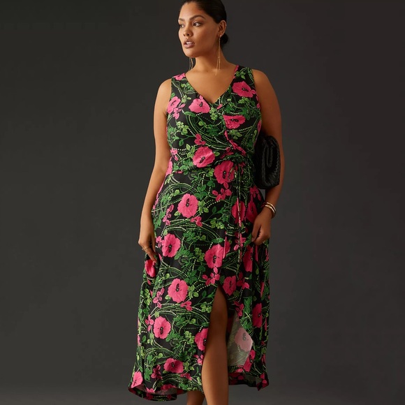 Anthropologie Maeve Ruched Foliage Floral Midi Dress Size 16W Retro NWT